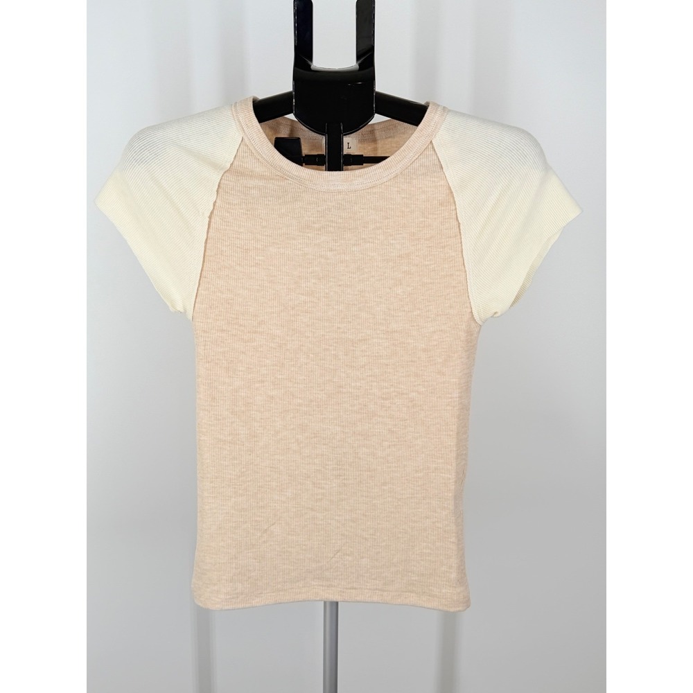 POL Women Tan‎ Cream Ribbed Knit Colorblock Raglan Short Sleeve Top M New